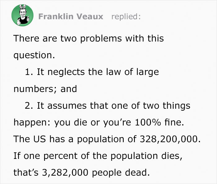"But It's Only 1% Fatal!" Person Shuts Down Covidiots By Giving Some Gruesome Numbers Of Possible Victims "But It's Only 1% Fatal!" Person Shuts Down Covidiots By Giving Some Gruesome Numbers Of Possible Victims
