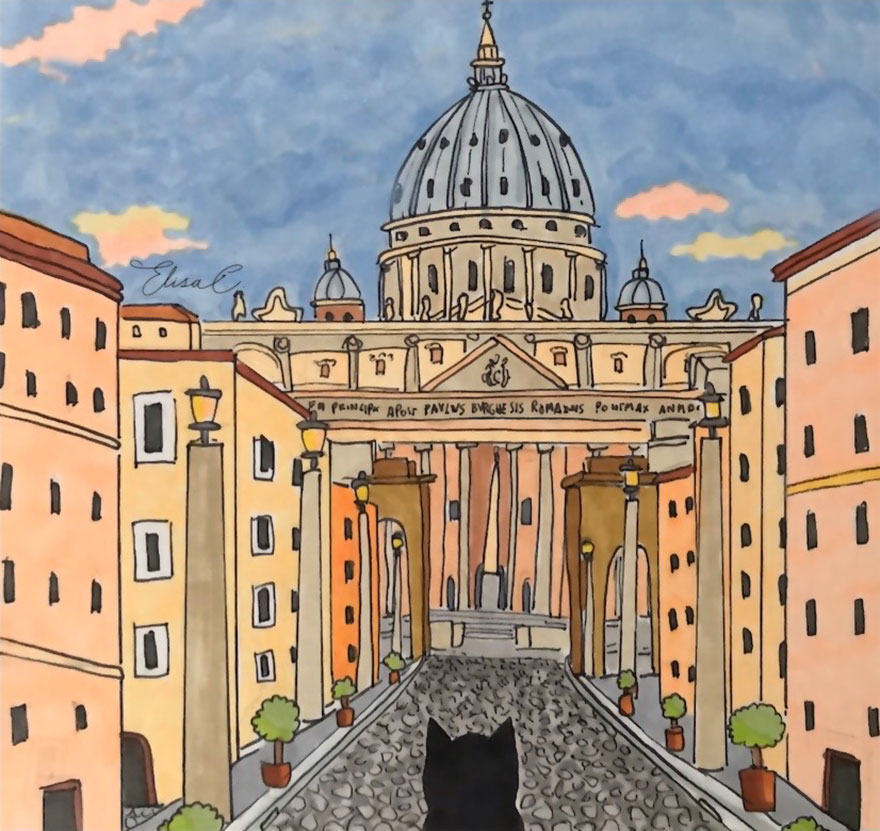 Illustration of a cat walking around Rome with St. Peter’s Basilica and city buildings in colorful hand-drawn style.