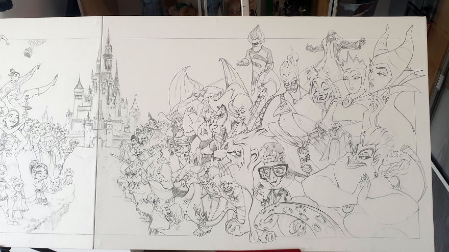 Illustrator Makes A Watercolor Disney & Pixar Composition (80 Characters/Easter Eggs)