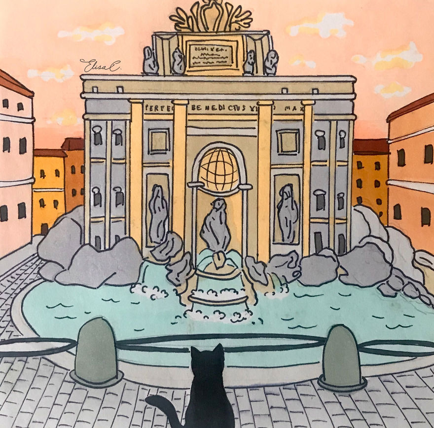 Illustration of a cat exploring Rome, sitting near a famous fountain with historic buildings in the background at sunset.