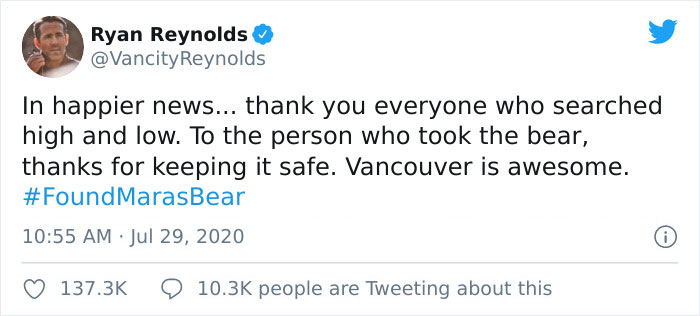 Priceless Stolen Teddy With This Woman’s Late Mother’s Voice Recording Is Returned After Ryan Reynolds' Ransom Offer Priceless Stolen Teddy With This Woman’s Late Mother’s Voice Recording Is Returned After Ryan Reynolds' Ransom Offer