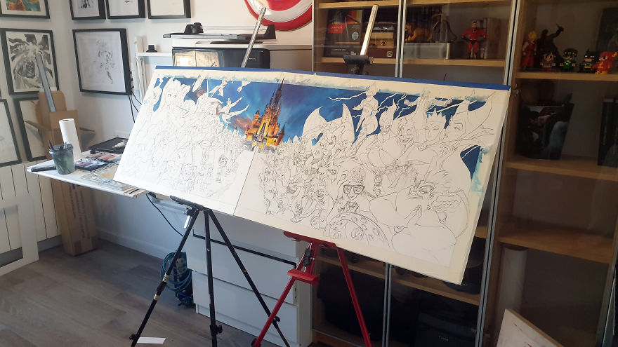 Illustrator Makes A Watercolor Disney & Pixar Composition (80 Characters/Easter Eggs)