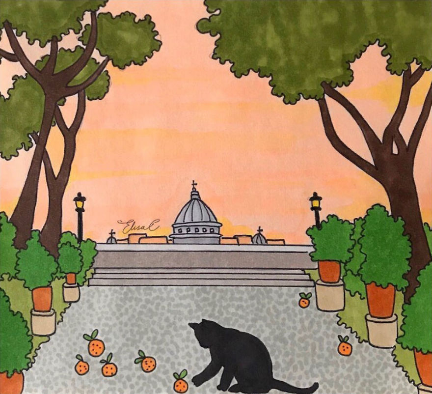 Illustration of a cat walking in Rome at sunset, with trees, oranges, and a historic dome in the background.