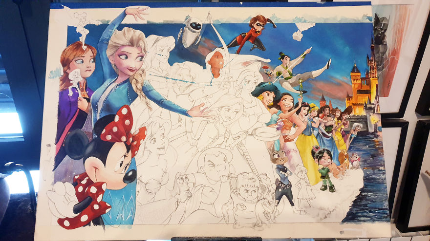 Illustrator Makes A Watercolor Disney & Pixar Composition (80 Characters/Easter Eggs)