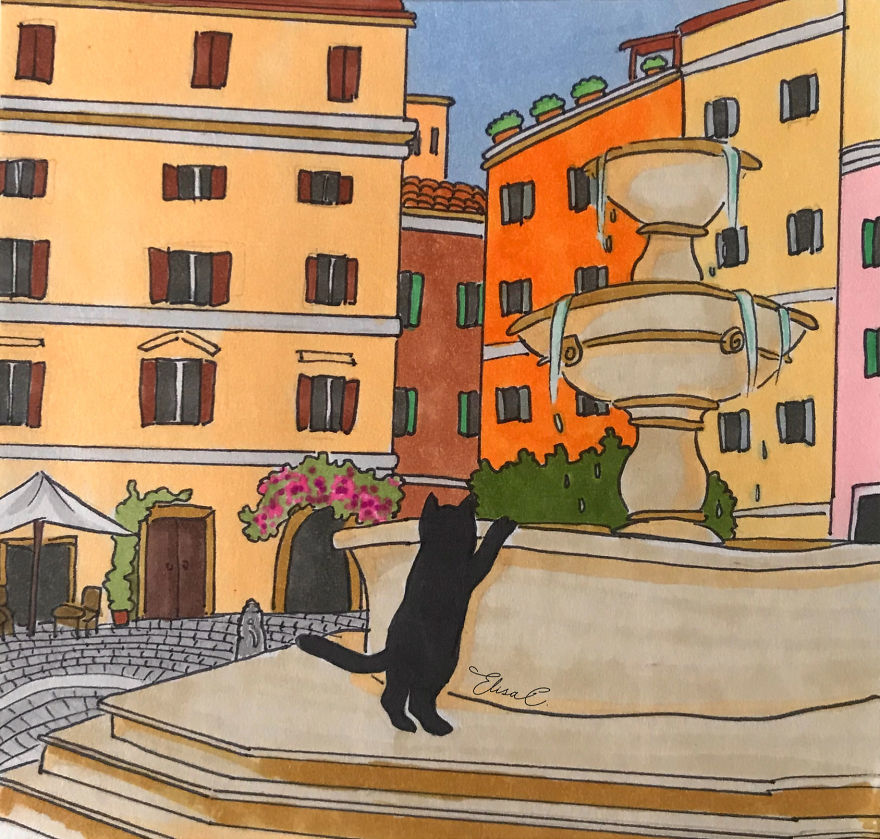 Illustration of a black cat walking around Rome near a fountain with colorful buildings in the background.