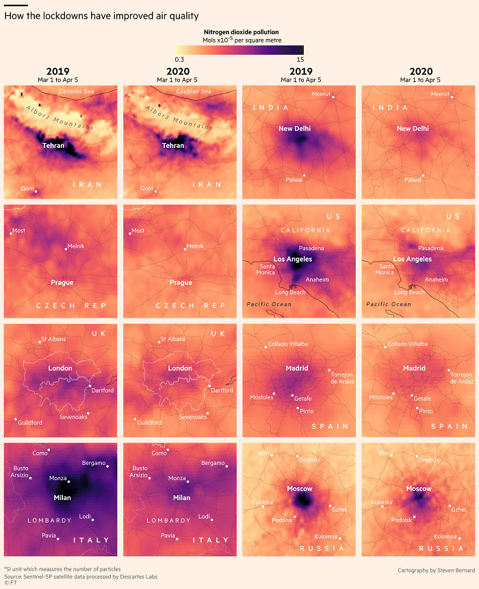 Pollution Maps Of Major Cities During Covid-19 Lockdowns Compared To Same Period Last Year