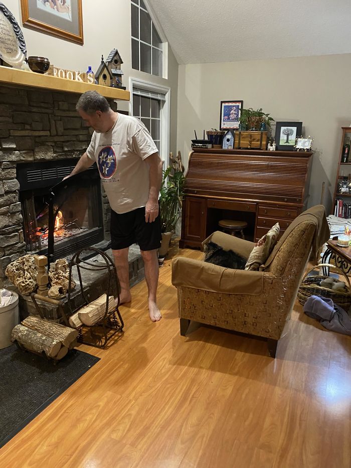 He Regularly Makes Fires Specifically For The Cat Because She Likes To Sleep In Front Of Them In This Chair