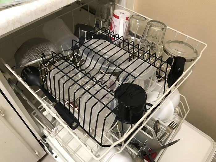 I Use An Upside Down Metal Dish Rack To Keep My Tupperware From Flipping Upside Down In The Dishwasher