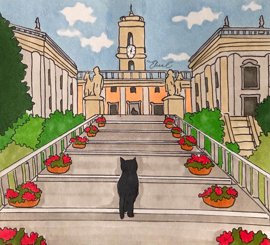 Black cat walking up stairs in Rome, surrounded by potted flowers and historic city buildings in a colorful illustration.