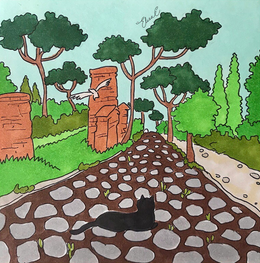 Illustration of a black cat walking on a cobblestone path surrounded by trees and ruins in Rome.