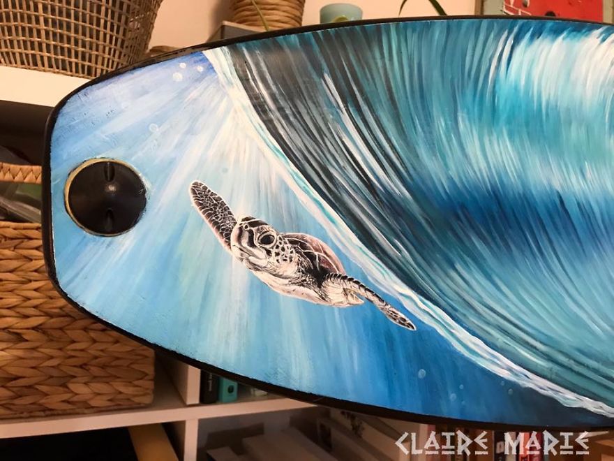 Artist Saves Old Surfboards From Landfill By Creating Custom Ocean Themed Art.