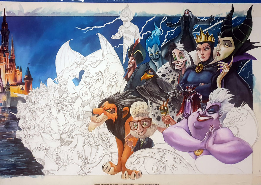 Illustrator Makes A Watercolor Disney & Pixar Composition (80 Characters/Easter Eggs)