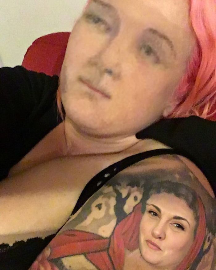 Face swapping tattoos show a person with a tattooed portrait having a human face, creating an unsettling effect.