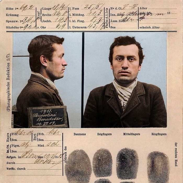 Mugshot And Fingerprints Of A Young Marxist Named 'Benedetto' Mussolini. Bern, Switzerland, 1903