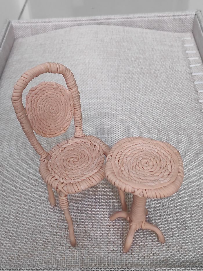 Miniature "Wicker" Chair And Table Made From Cold Porcelain Clay And Metal
