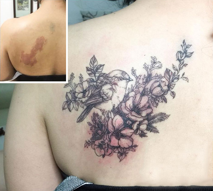 Tattoo artist covers scar with bird and floral design.