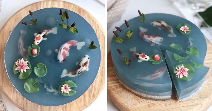 Woman Bakes Gorgeous Transparent Cake That Looks Like A Koi Pond