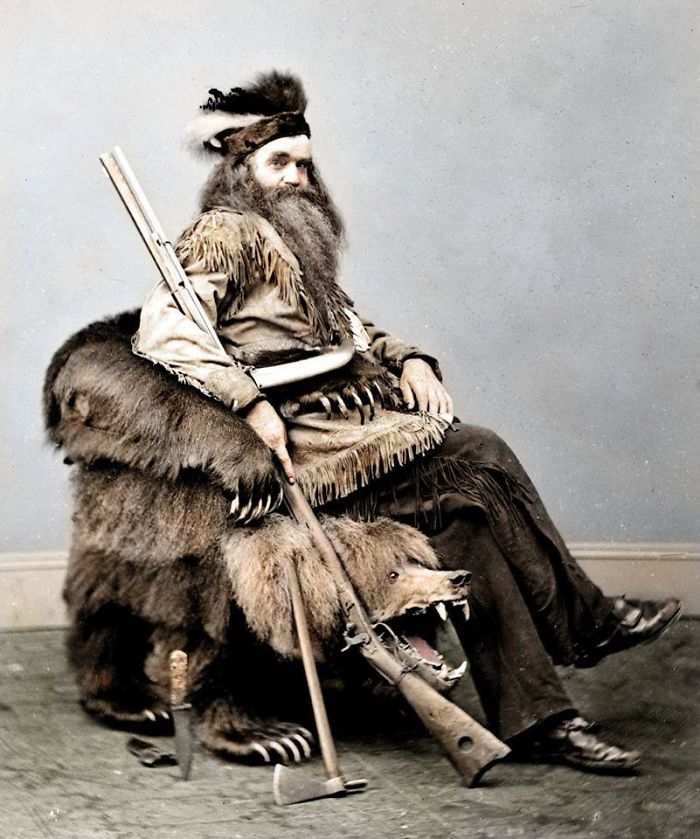 Seth Kinman, Early Californian Trapper, Sitting On A Chair Made Out Of A Grizzly Bear That He Gave To President Lincoln