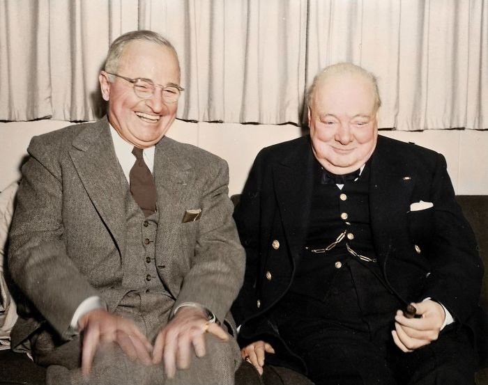 President Harry S. Truman Sharing A Laugh With British Prime Minister Winston Churchill Aboard The President's Yacht, The U.s.s. Williamsburg, During Churchill's Visit To The United States