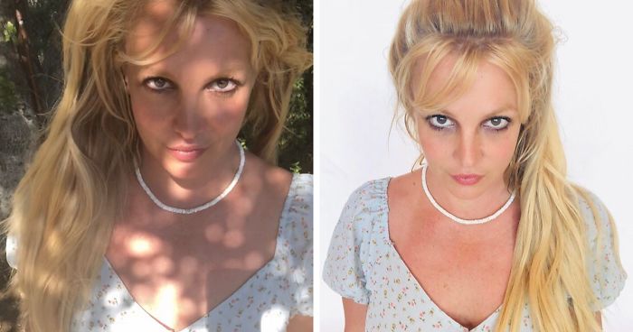 Britney Spears in two side-by-side photos, wearing a light floral dress and a white necklace, with long blonde hair.