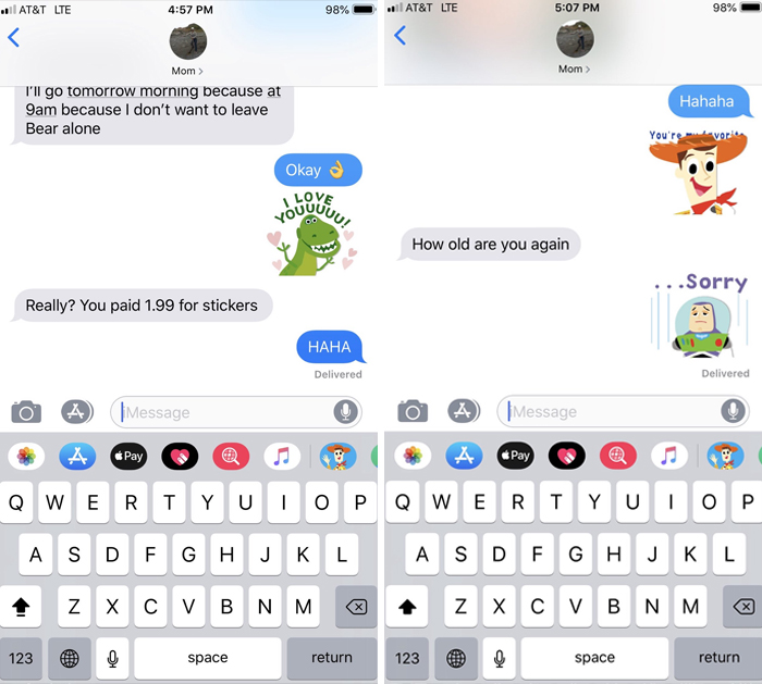 "When my mom roasted me for having the toy story sticker pack"