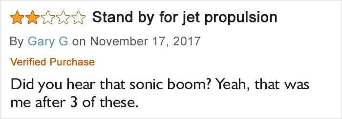 Two-star review of sugar-free gummy bears humorously comparing the effect of eating three to a sonic boom experience.