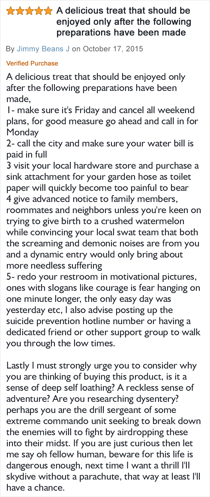 Five-star funny sugar-free gummy bears review describing extreme preparation and humorous warnings before enjoying the treat.