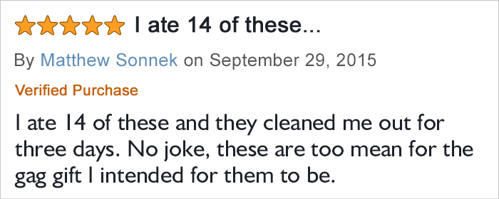 Customer review of sugar-free gummy bears rated five stars, describing a strong laxative effect after eating 14 pieces.