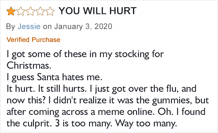 One-star funny sugar-free gummy bears review warning about pain and too many gummies in stocking gift.