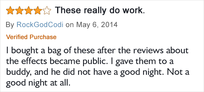 Customer review rating four stars with feedback on sugar-free gummy bears effects after purchase.