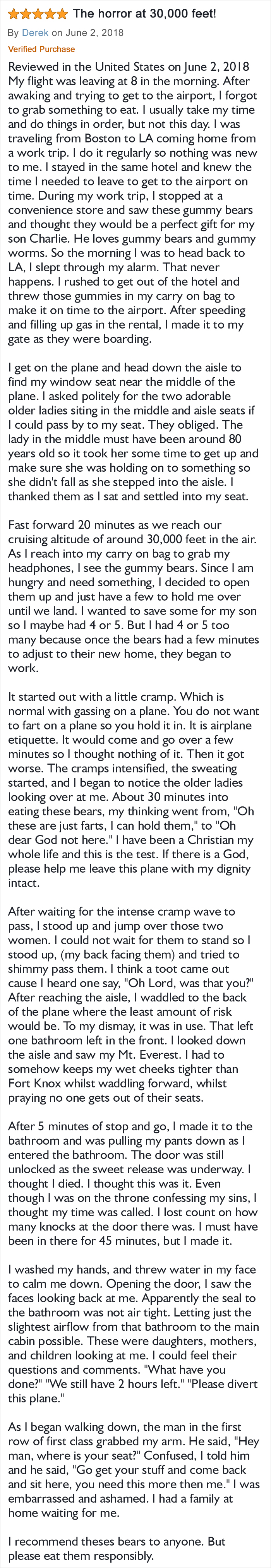 Review of sugar-free gummy bears on a flight, humorously describing unexpected effects and airplane etiquette mishaps.