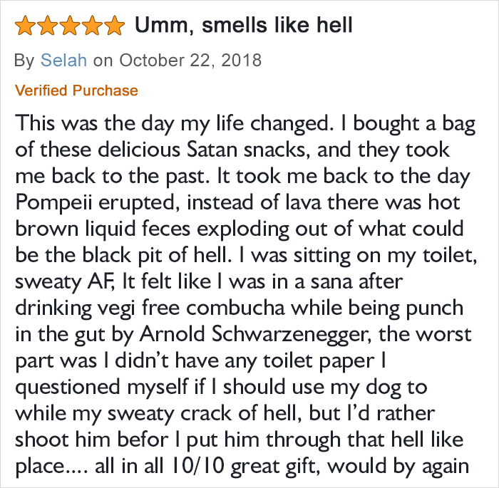 Customer review of sugar-free gummy bears describing a humorous and intense reaction to the candy’s taste and effects.