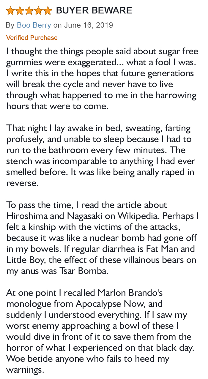 Customer review warning about the intense and humorous effects of sugar-free gummy bears, describing a painful experience.