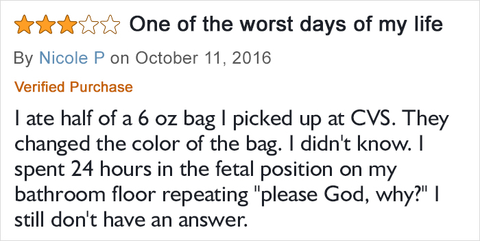 Customer review with 3-star rating describing a negative experience with sugar-free gummy bears from CVS.