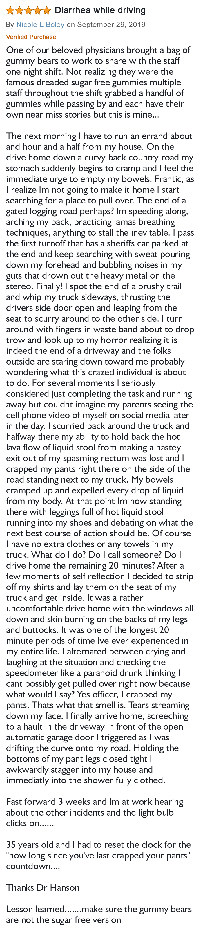 Five-star humorous review about sugar-free gummy bears causing urgent diarrhea while driving, shared by a verified purchaser named Nicole L Boley.