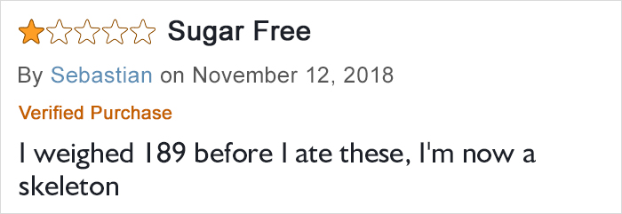 One-star sugar-free gummy bears review mentioning weight loss humor and a skeleton joke from a verified purchase.
