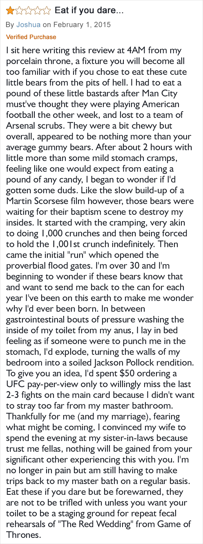 One-star sugar-free gummy bears review describing severe stomach cramps and digestive distress after consumption.