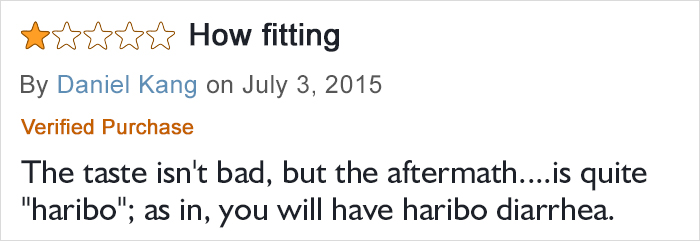 One-star sugar-free gummy bears review mentioning taste and humorous warning about aftereffects.