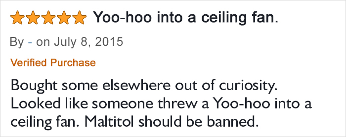 Five-star sugar-free gummy bears review joking about Yoo-hoo and maltitol in a humorous customer comment.