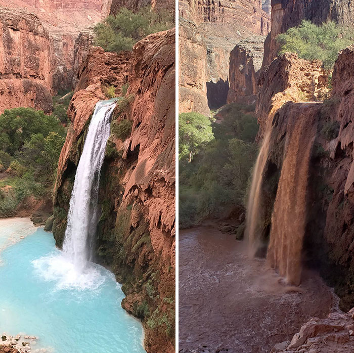 Casual View Of Havasupai Falls vs. During A Flash Flood