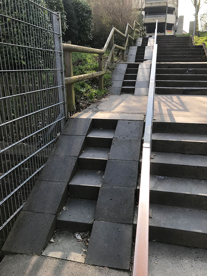This Stairwell Near My House Has A Ramp For Wheelchairs And Strollers, With Another Staircase For The Person Pushing Them