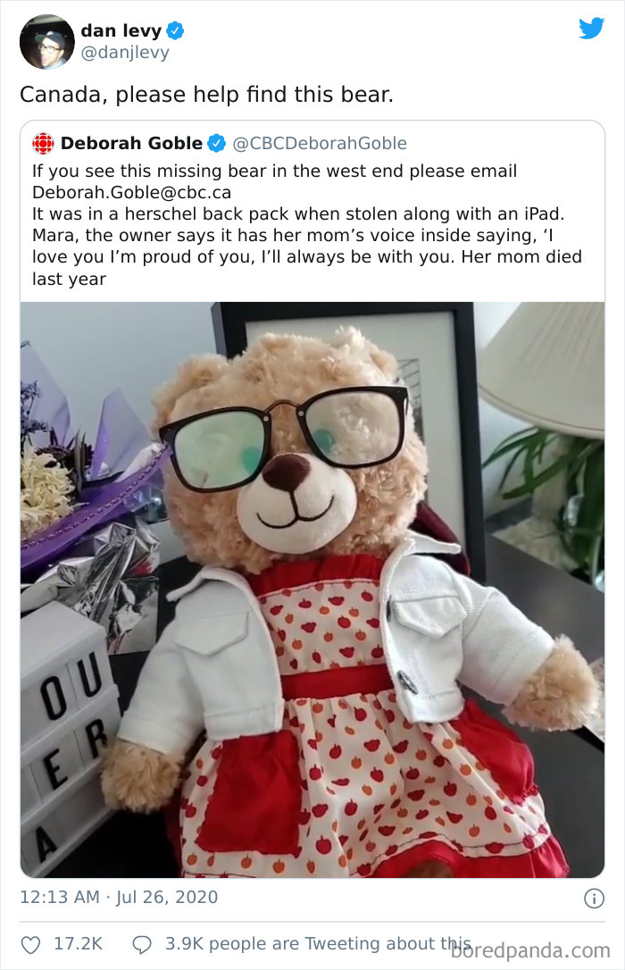 Someone Stole This Woman’s Teddy Bear That Had Her Late Mother’s Voice Recording On It, Ryan Reynolds And Other People Online Step In To Help Find It (Updated) Someone Stole This Woman’s Teddy Bear That Had Her Late Mother’s Voice Recording On It, Ryan Reynolds And Other People Online Step In To Help Find It (Updated)