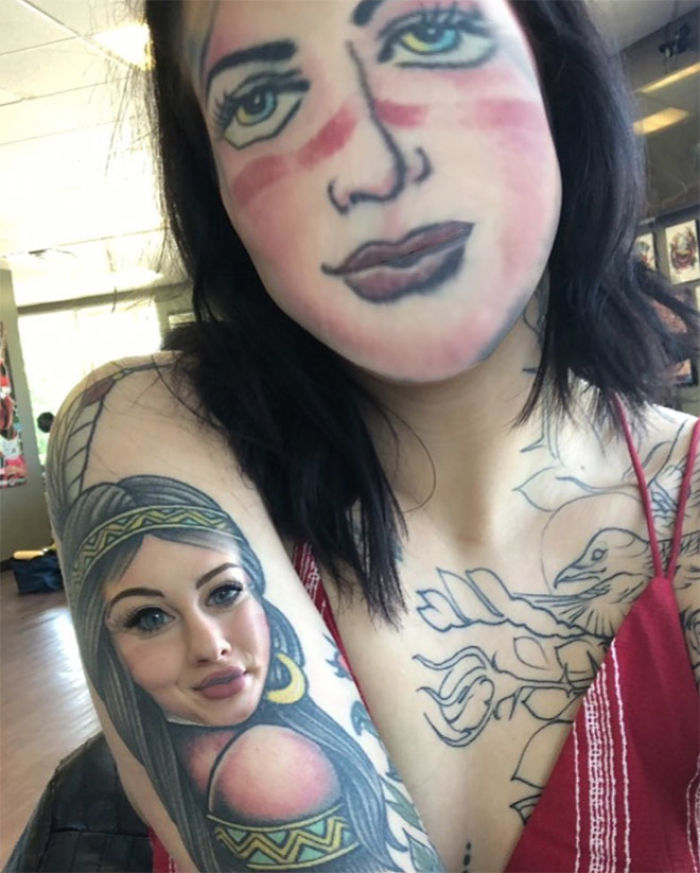 Face swapping with tattoos on a person’s arm and face, featuring a colorful tattooed portrait.