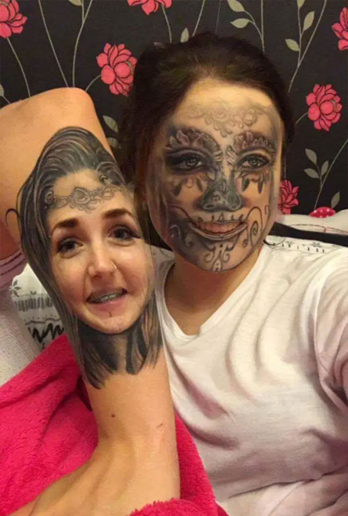 Face swapping tattoos on arm and face, creating an unsettling visual effect.