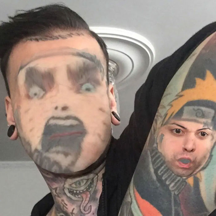 Person with a face-swapped tattoo, featuring exaggerated facial expressions on both the face and arm.