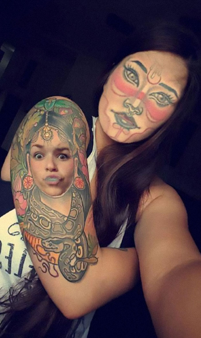 Face swapping tattoos with unsettling results show a tattooed arm and a woman's altered face.