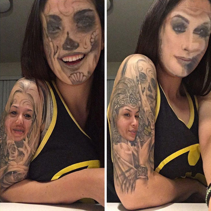 Face swapping tattoos on woman's body, creating unsettling and humorous results in two side-by-side images.