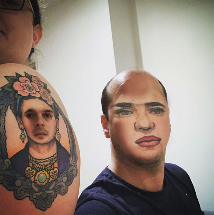 Face swapping tattoo on an arm with a person replicating the tattoo's face on theirs, creating an unsettling effect.