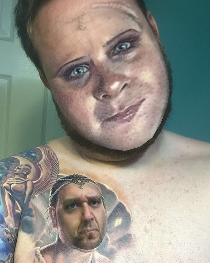 Face swapping tattoo, unsettling image of a person with mismatched tattoo face on their chest.