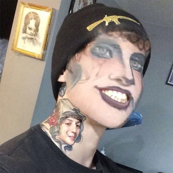 Face swapping tattoos on a person, blending facial features with tattoo art for an unsettling effect.